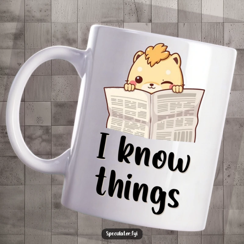 Funny creature peeking slyly from behind a newspaper with a knowing smirk, designed for a humorous mug.