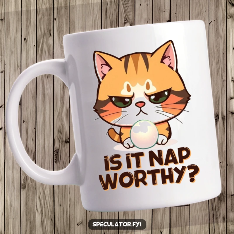 Funny skeptical cat examining shimmering object with narrowed eyes mug, a suspicious pet character questioning reality.