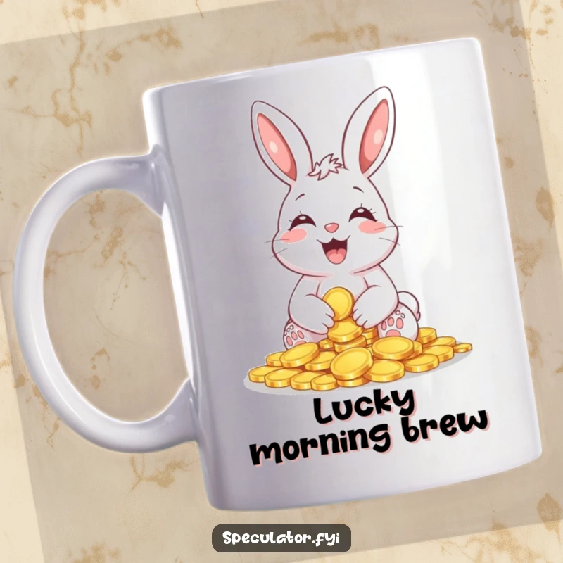 Funny Giggling Bunny Coin Mug showing a happy bunny holding a pile of shiny coins, full of humorous joy and a love for treasure.
