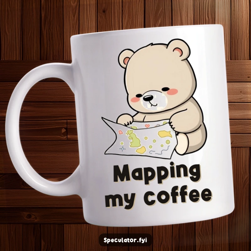 Funny mug graphic of a wise bear carefully examining a detailed map, with a look of deep concentration and curiosity.
