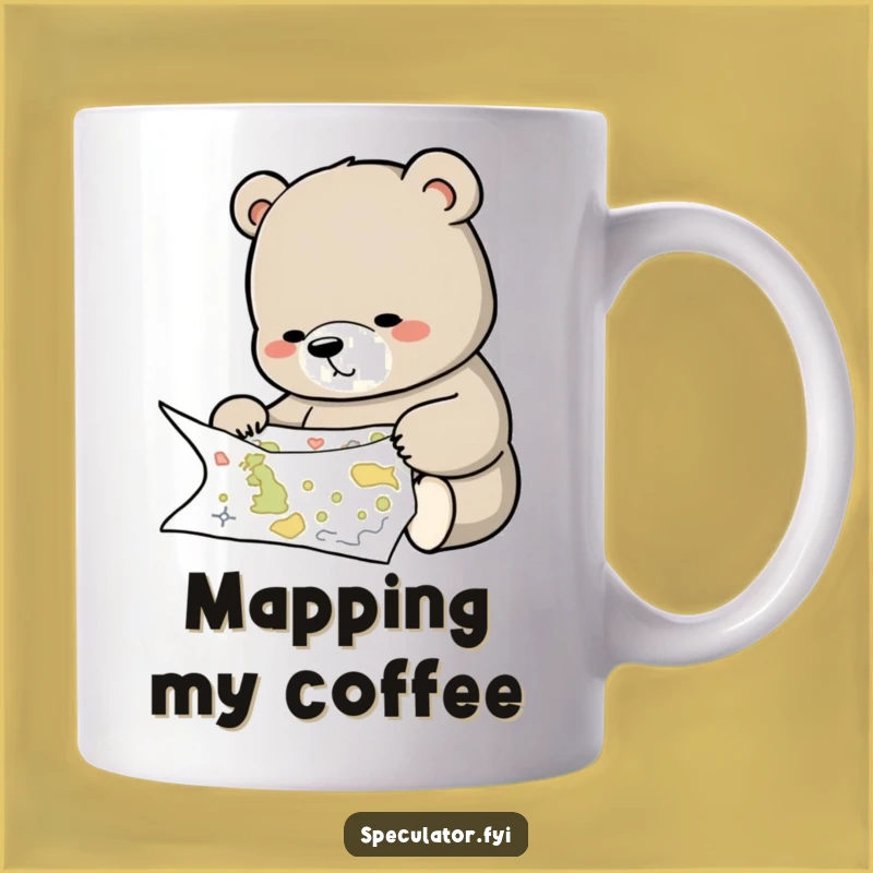 Funny Bear Studying Map Mug - Wise Explorer Gift for Thoughtful Humor