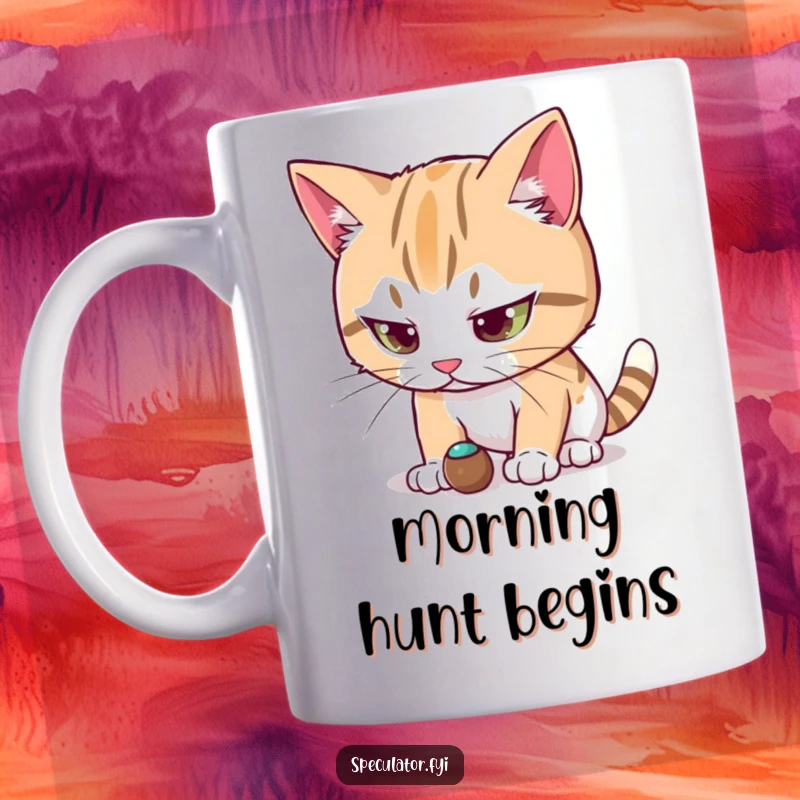 Funny cat character mug intensely watching a small moving object, highlighting feline focus and predatory charm for cat lovers.