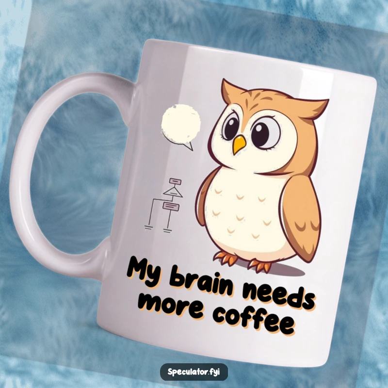 Funny owl mug with a wise bird intently studying a complex flowchart diagram, symbolizing deep thought and geeky humor for gifted individuals.