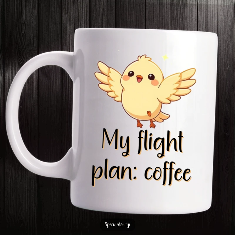 Funny bird mug showing a happy character with wings spread wide, joyfully soaring towards a bright, distant glimmer.