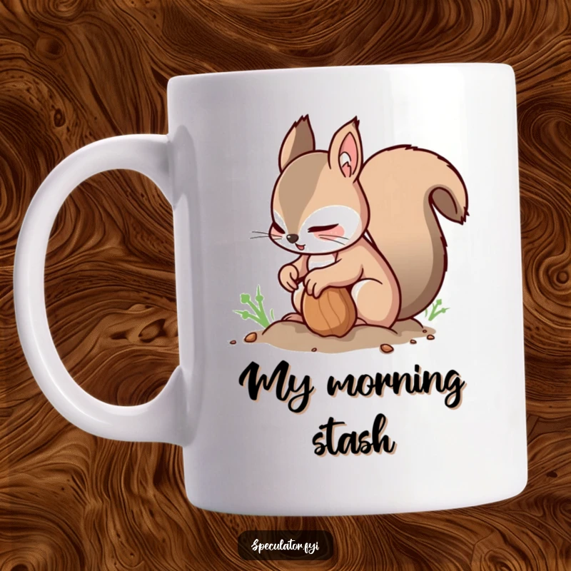 Funny Squirrel Mug: a nimble squirrel quickly buries a nut while glancing around, embodying a humorous and cautious personality.