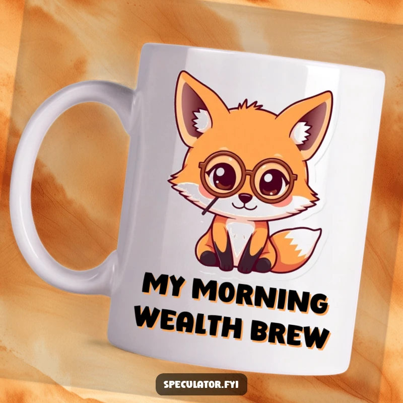 Funny kawaii fox wearing a monocle, peering intently at a coin with a look of sophisticated curiosity on a coffee mug.