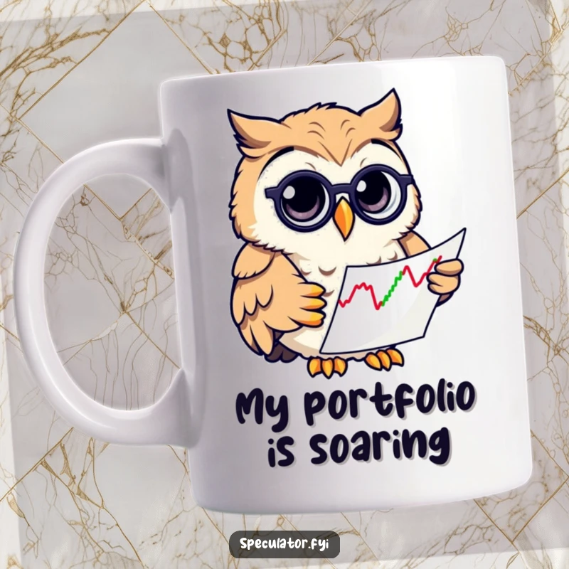 Funny owl investor mug with a monocle, intently studying a stock market chart, embodying financial curiosity and humor.
