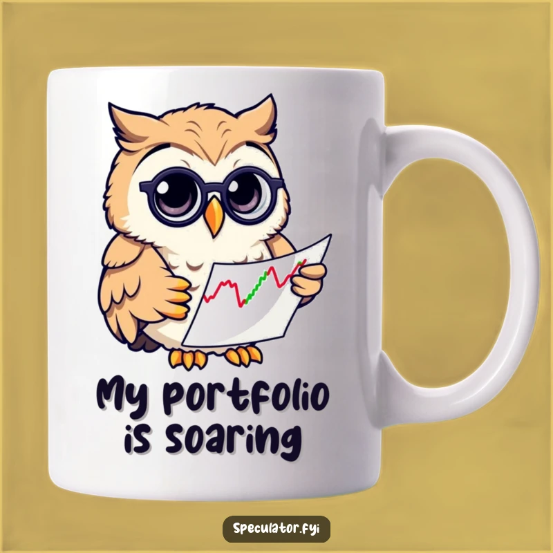 Funny Owl Investor Mug: Curious Bird Examining Stock Chart, Perfect Gift for Finance Buffs