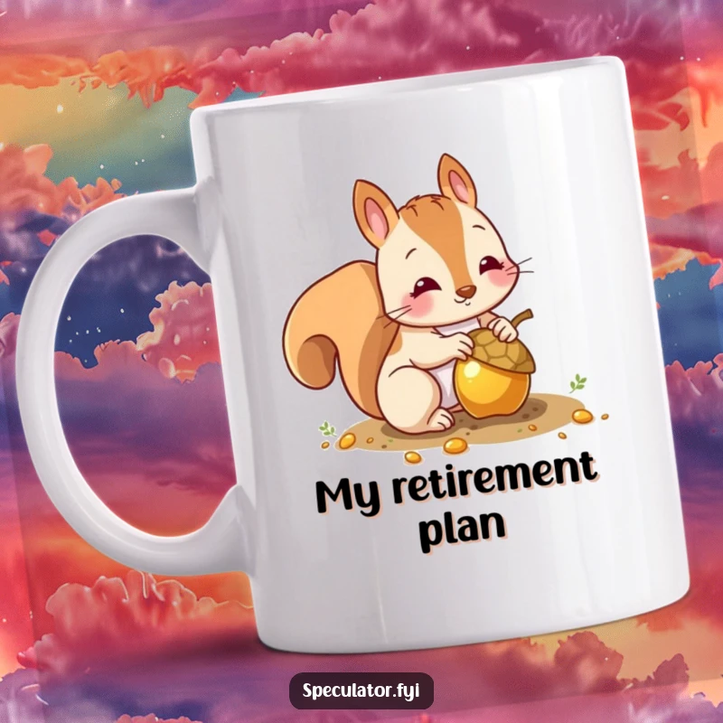 Funny squirrel mug with a busy character burying a shiny gold acorn, symbolizing cleverness and hoarding.