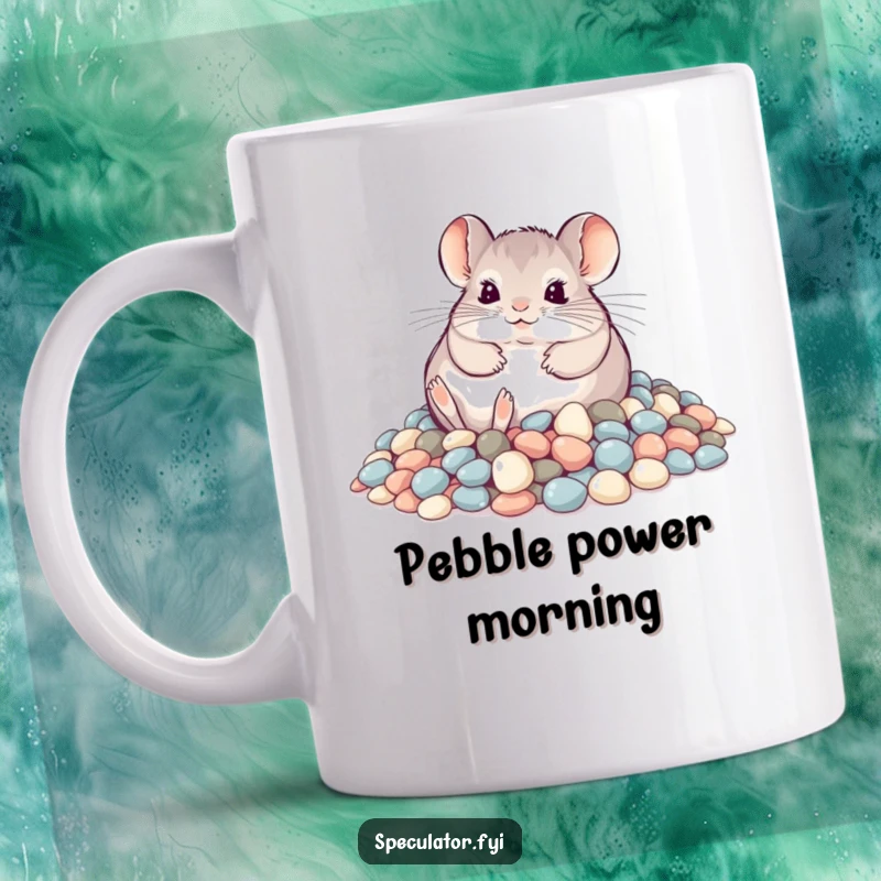 Funny playful chinchilla happily rolling in a heap of shimmering pebbles on a mug, a cheerful and humorous item.