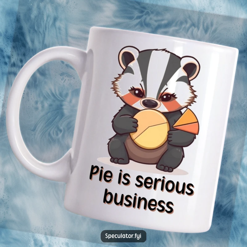 Funny badger mug with a furrowed brow, intently examining a pie chart, conveying analytical humor.
