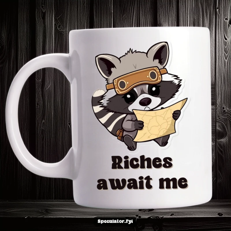 Funny raccoon mug with a mask, peering intensely at a treasure map, embodying determination and a love for adventure. A great funny gift.