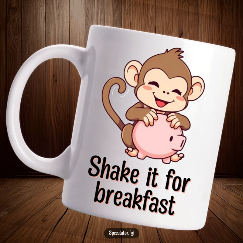 Funny kawaii monkey mug, playfully shaking a piggy bank, perfect for coffee and tea lovers.