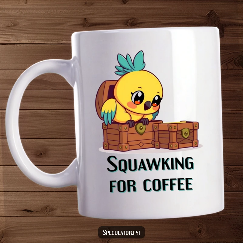 Funny curious parrot mug, intently observing a treasure chest with bright, eager eyes, a treasure-seeking avian.