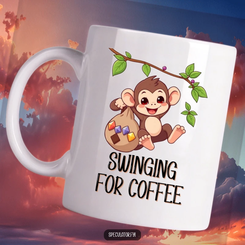 Funny mug graphic of a playful monkey swinging from a vine, holding a sack full of shiny gems, full of energy and mischief.