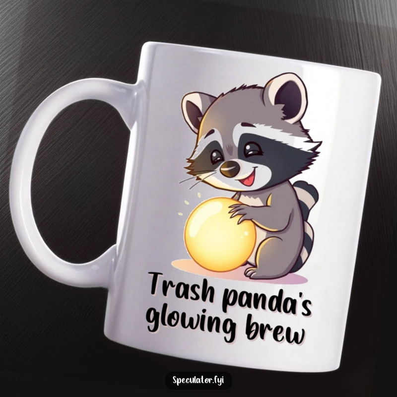 Funny happy raccoon delightedly examining a mysterious, glowing orb on a mug, a whimsical and humorous item.
