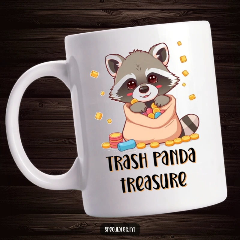 Funny raccoon mug with a clever character peeking into a bag overflowing with shiny riches.