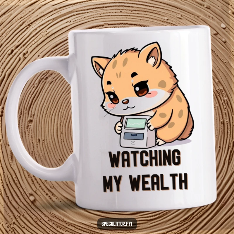 Funny Kawaii animal mug with determined look examining a stock ticker, perfect for analysts and as a funny gift.