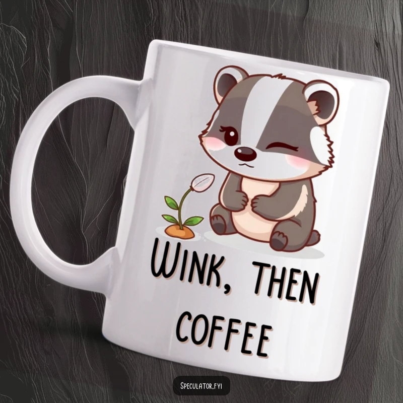 Funny Badger Mug: A winking badger slyly observes a tiny green sprout emerging from the soil.