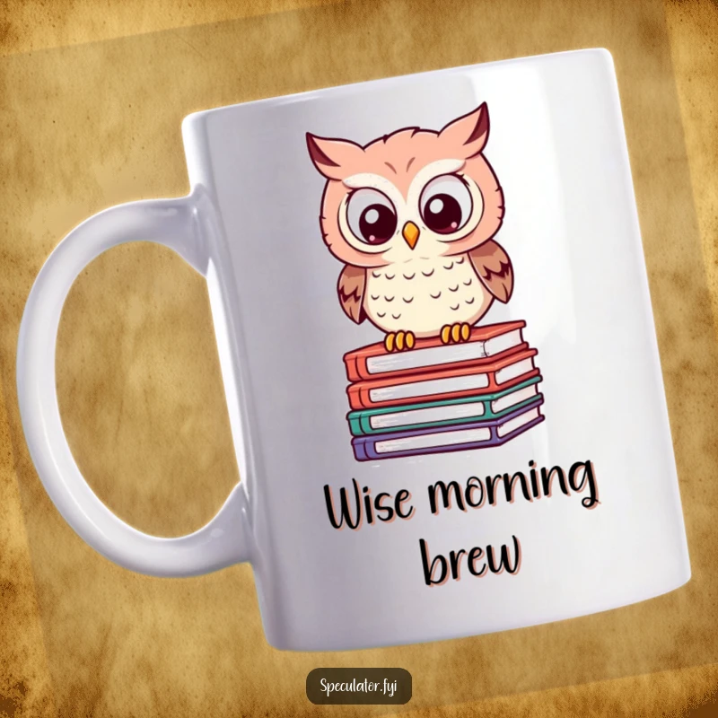 Funny Owl Mug: a clever owl perches on books, eyes wide with calculation, embodying a humorous and studious nature.