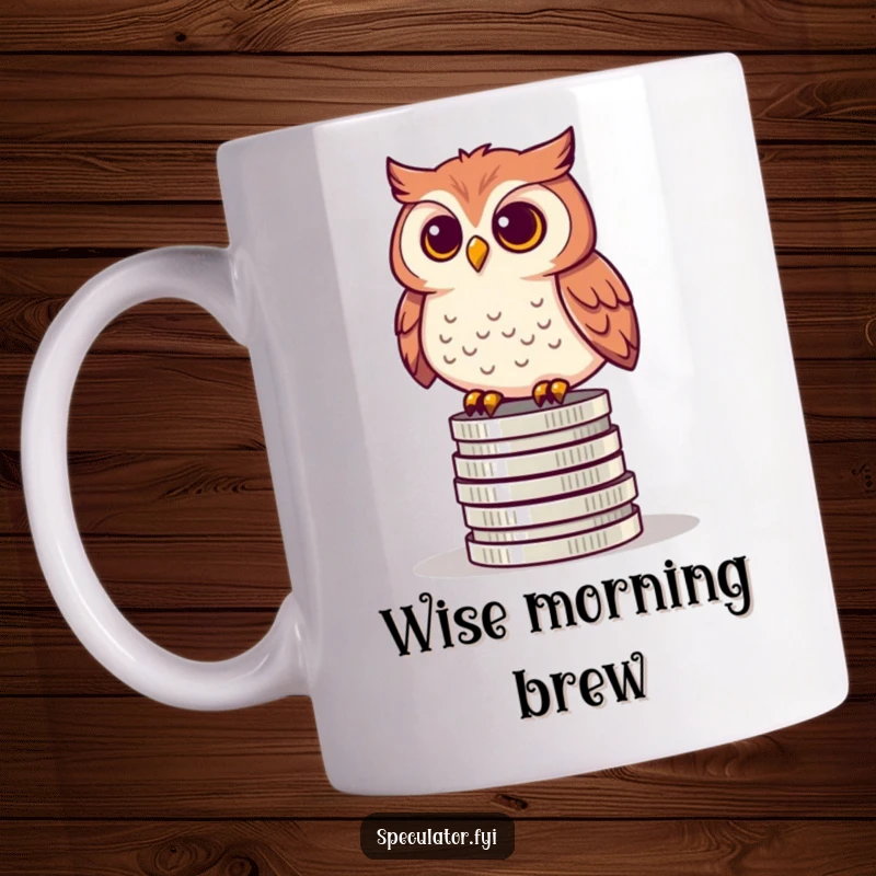 Funny mug depicting a curious owl perched regally on a tall stack of shiny coins, symbolizing wisdom and wealth accumulation.