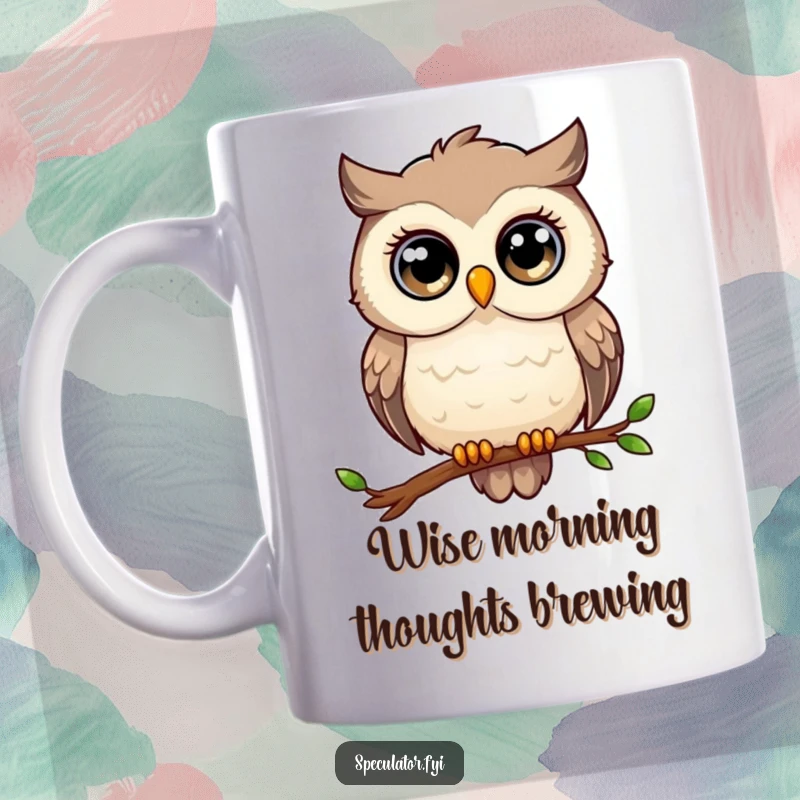 Funny owl mug, large eyes, perched on a branch, gazing into the distance thoughtfully, perfect gift.