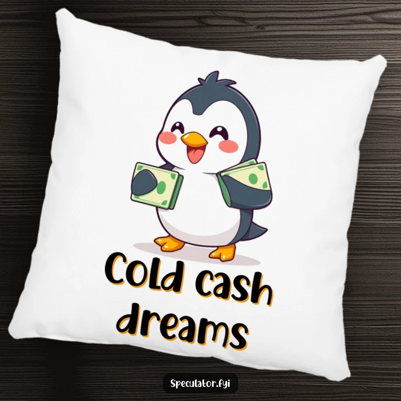 Funny smiling penguin pillow, waddling with a stack of bills, soft and humorous decorative accent.