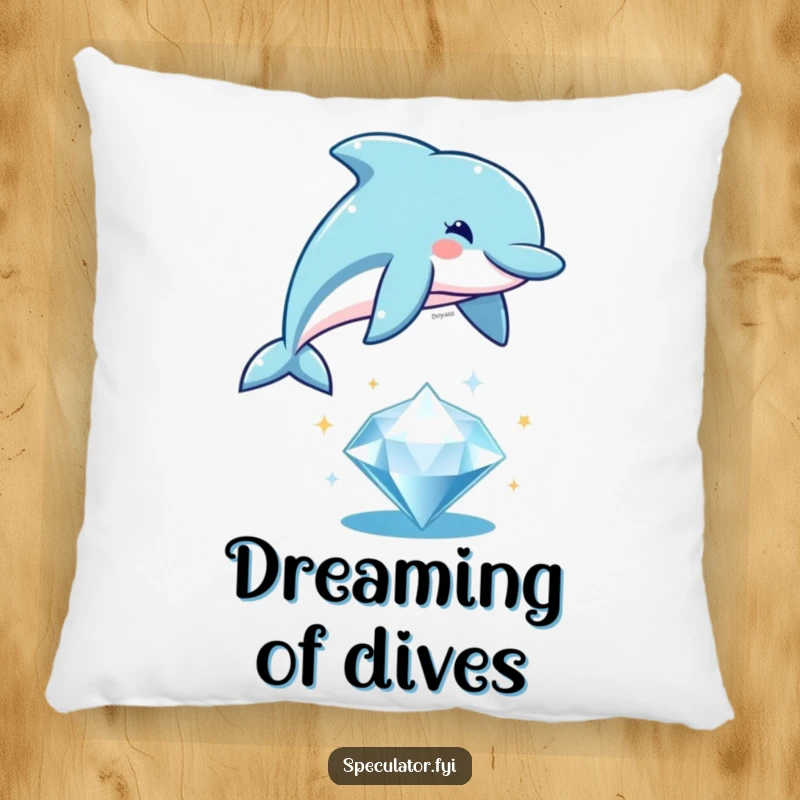 Funny playful dolphin pillow, leaping over a sparkling diamond, soft and humorous decorative accent.