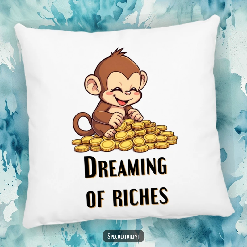 Funny cheeky monkey pillow, happily counting coins, soft and humorous decorative accent.