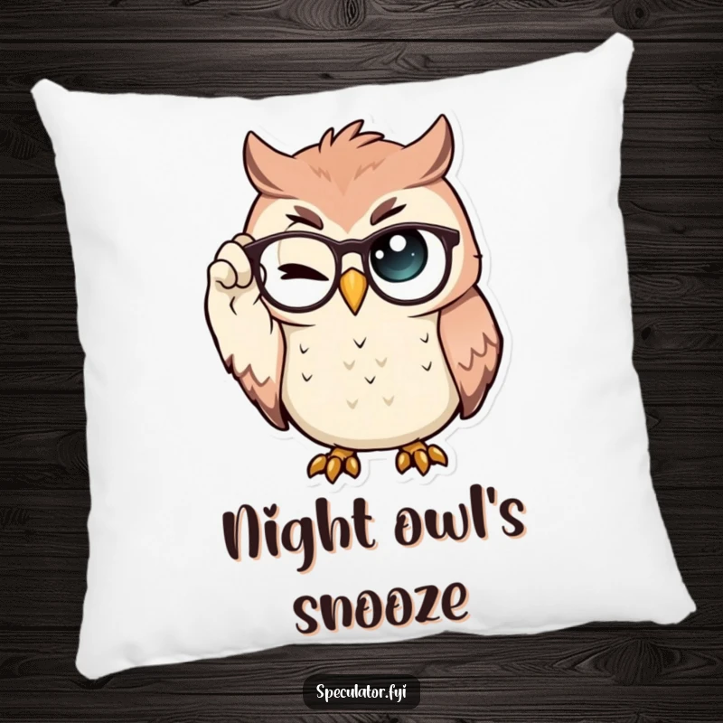 Funny Pillow featuring a proud owl adjusting spectacles and winking, offering comfort and a symbol of intelligent humor.