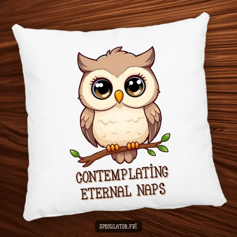 Funny owl pillow, large eyes, perched, gazing thoughtfully, soft home decor for wise souls.