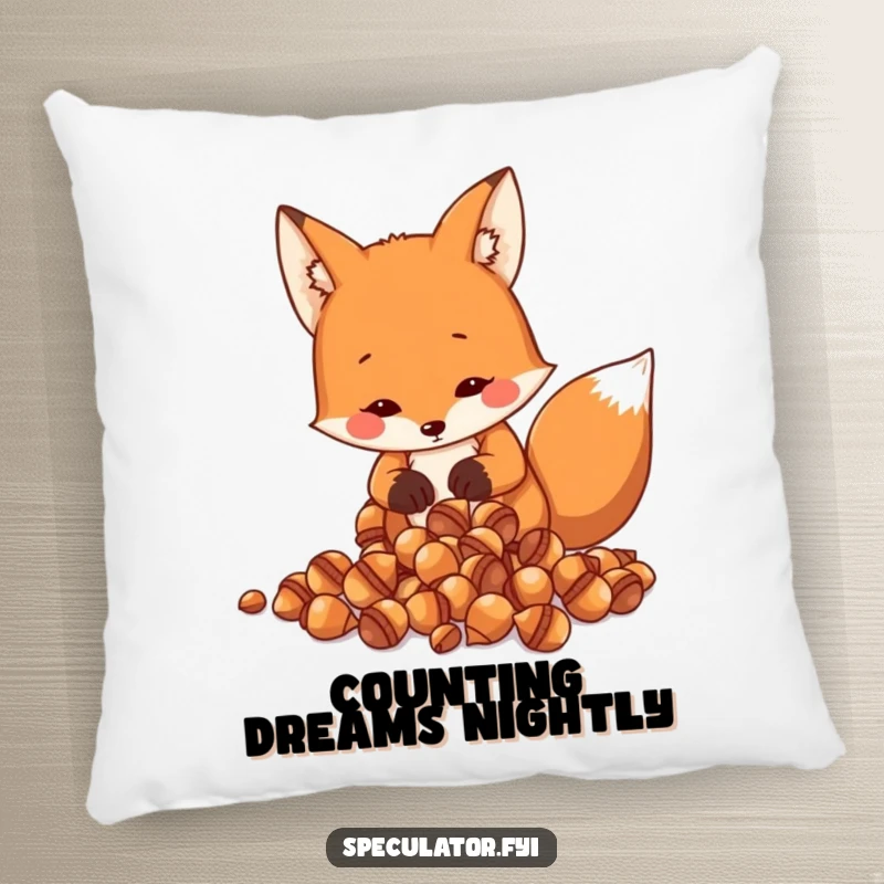 Funny Fox Pillow: a resourceful fox counts acorns, offering a humorous and comfortable decorative piece celebrating wit.