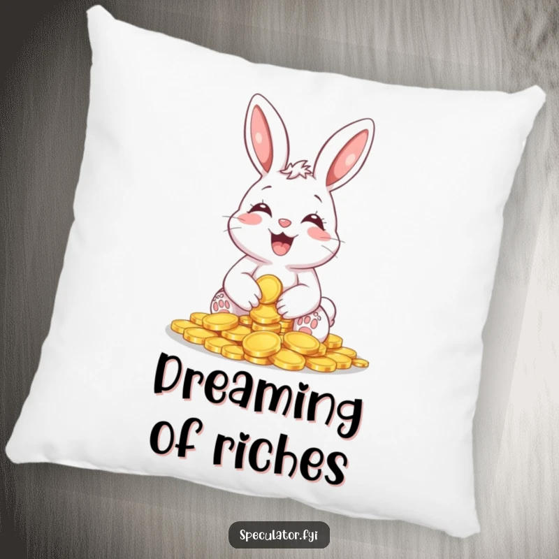 Funny Giggling Bunny Coin Pillow with a happy bunny holding shiny coins, offering plush comfort and a touch of humorous fortune.