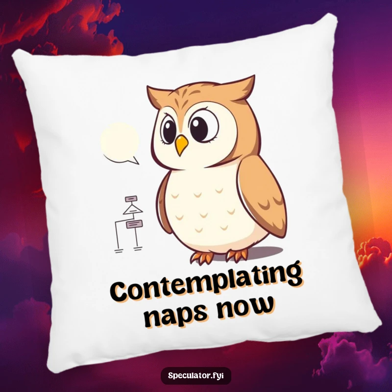 Funny owl flowchart pillow with a wise bird engrossed in a complex diagram, offering cozy comfort and intellectual amusement for any space.