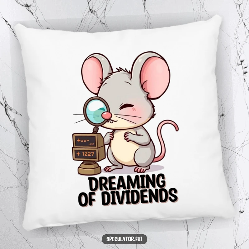 Funny plush pillow featuring a clever mouse with a monocle, examining a market ticker, offering comfort and financial wit. An adorable funny gift.