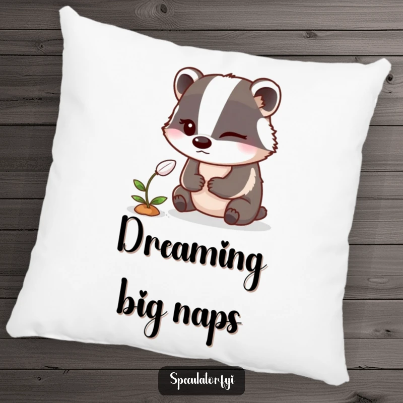 Funny Badger Pillow: A winking badger watches a sprouting seed on a soft pillow, bringing cheeky humor.