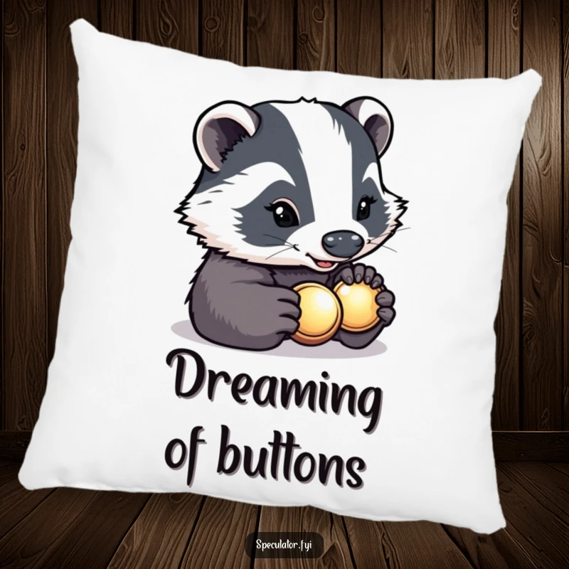 Funny determined badger with a bright smile carefully inspecting a shiny button on a pillow, soft and humorous home decor.