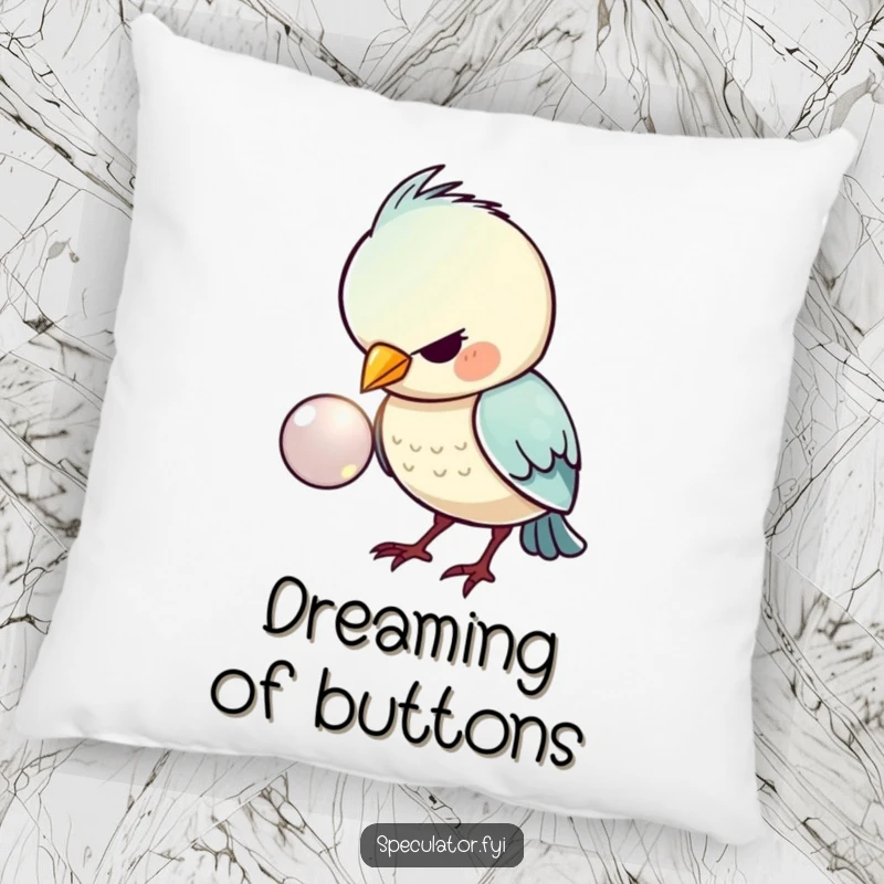 Funny decorative pillow with a kawaii bird intently focused on a shiny button, providing soft comfort and humorous appeal.