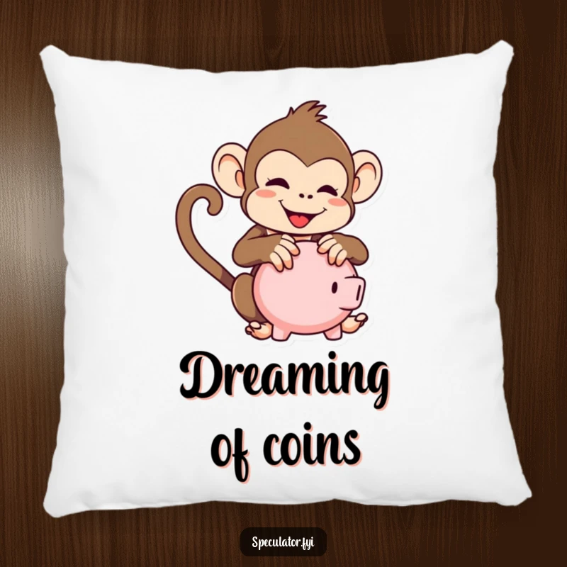 Funny kawaii monkey pillow, featuring a monkey playfully shaking a piggy bank, perfect for cozy home decor.