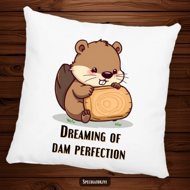 Funny Beaver pillow, a cute beaver character examining a log, great for adding humor to furniture.