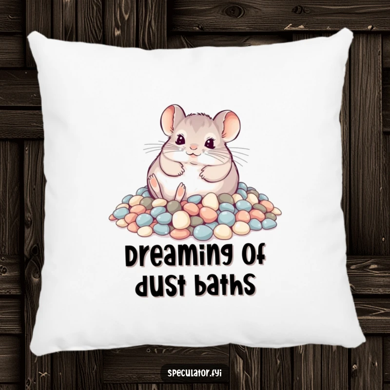 Funny playful chinchilla rolling in shimmering pebbles on a pillow, soft and humorous home accent.