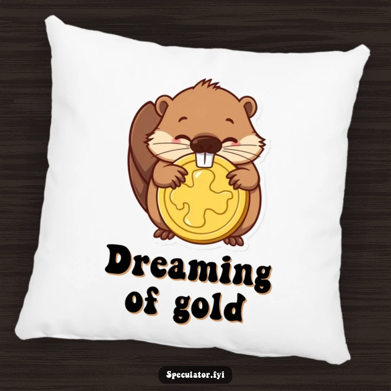 Funny and cozy pillow with a determined beaver gnawing a golden coin, adding a humorous touch of ambition to any room.