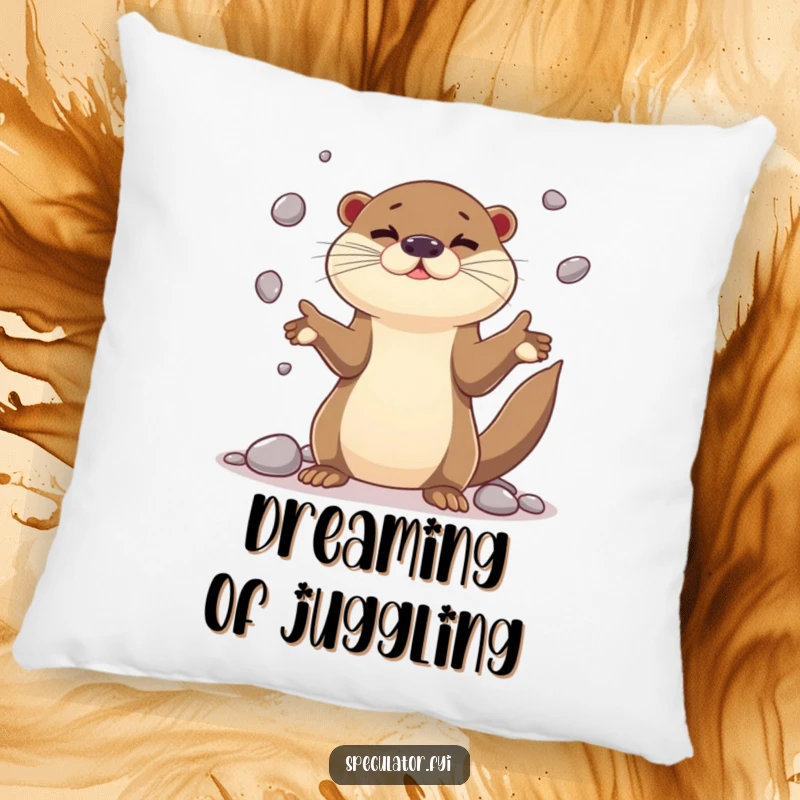 Funny playful otter character pillow juggling shiny pebbles with impressive dexterity, a soft and humorous accent for any space.