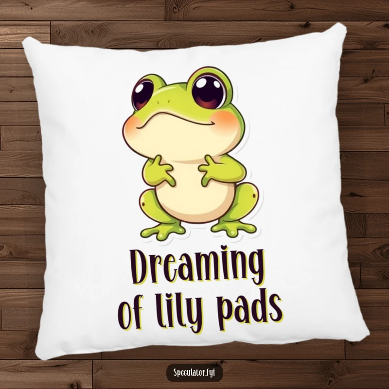 Funny pillow featuring a hopping frog character with a pondering, upward-looking expression, perfect for humorous home accents.