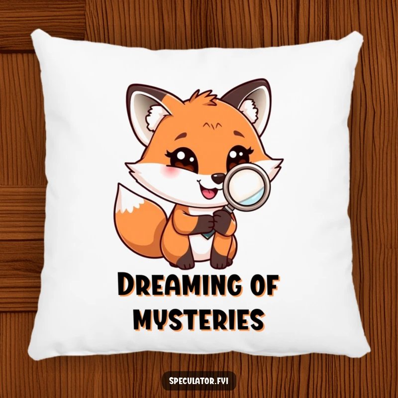 Funny fox with a magnifying glass and a confident grin on a soft pillow, bringing cozy mystery.