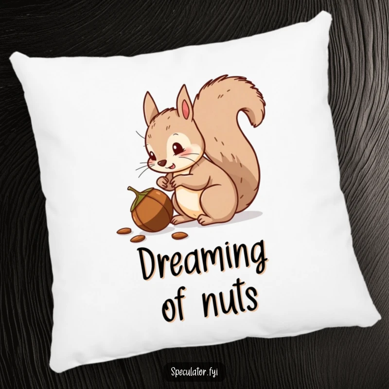 Funny squirrel pillow, bushy tail high, suspiciously eyeing a nut, soft home decor for humor lovers.
