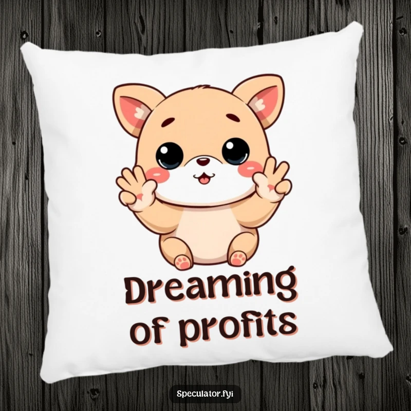 Funny Kawaii animal pillow showing buy low sell high paws gesture, ideal for cozy spaces and as a funny gift.