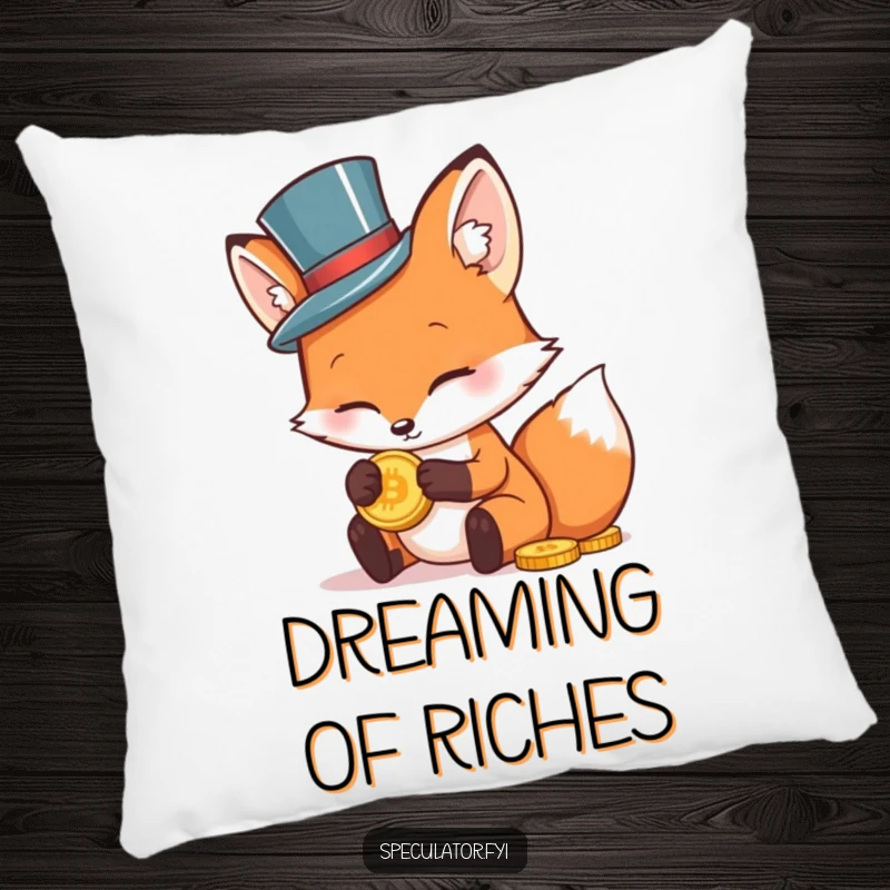Funny decorative pillow featuring a charming fox in a small top hat, examining a gold coin, adding humor to any room.
