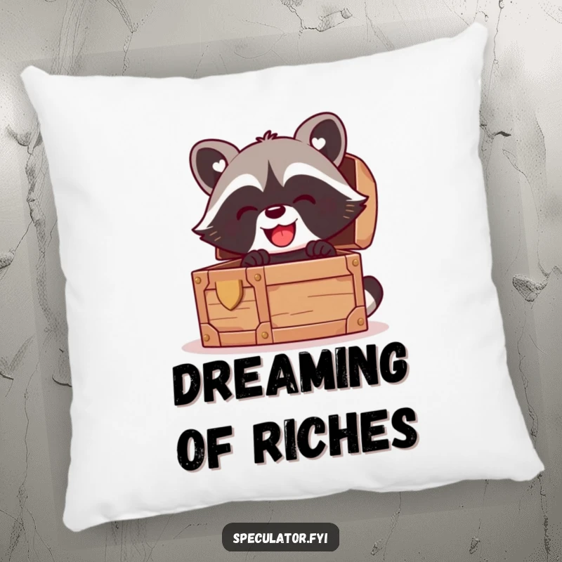 Funny kawaii raccoon pillow, featuring a gleeful raccoon looking into a treasure chest, perfect for cozy home decor.