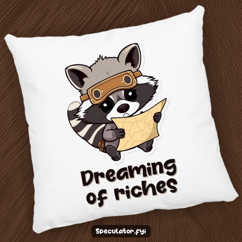 Funny plush pillow featuring a determined raccoon wearing a mask, peering at a treasure map, offering comfort and adventure. An adorable funny gift.